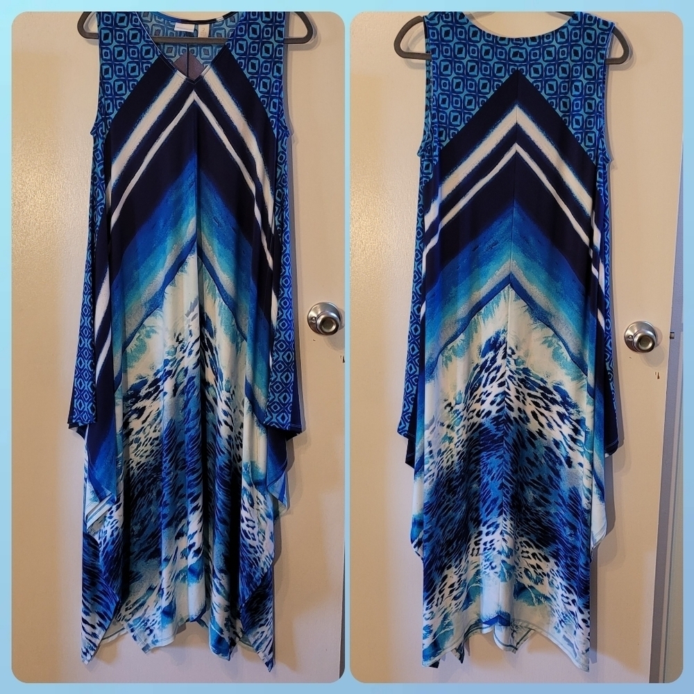 Chicos Blue & White Patterned Sleeveless Maxi Dress Handkercheif Hem - 2 Large